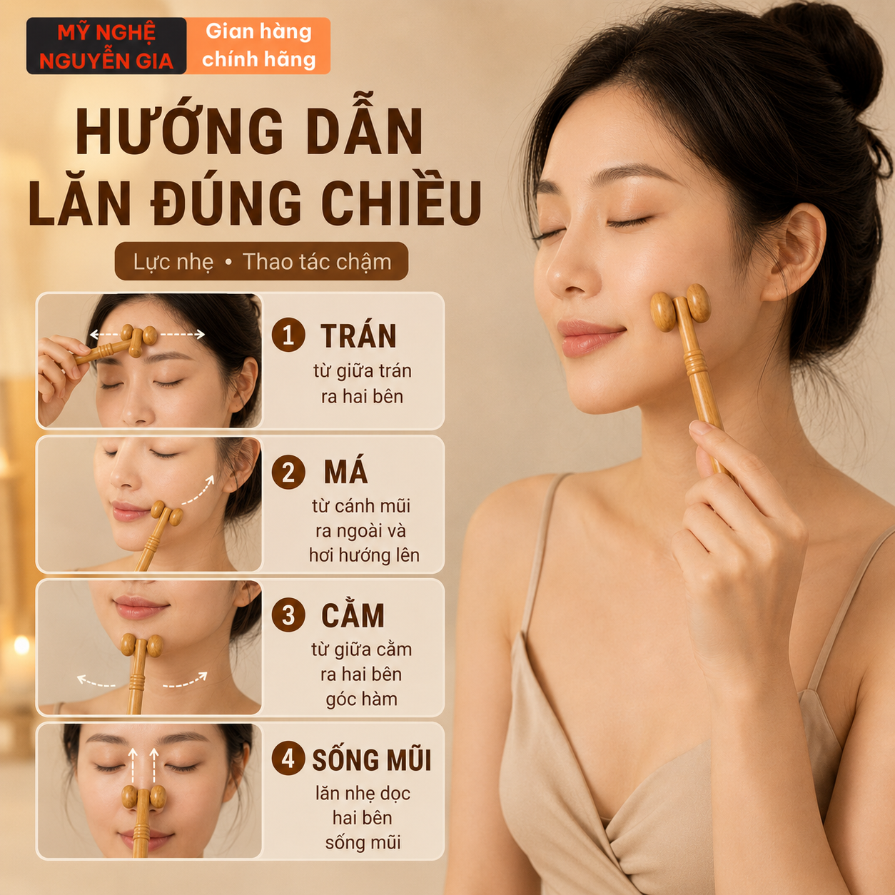 Cây Lăn Massage Mặt Bằng Gỗ: Cách Lăn Má, Cằm, Trán Đúng Chiều