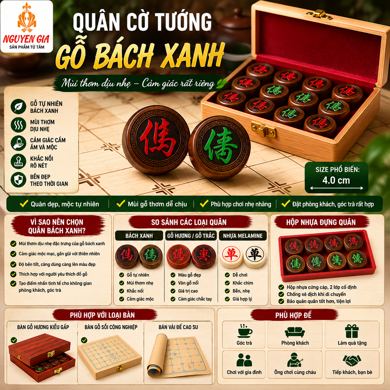 Quân cờ tướng gỗ bách xanh có gì đặc biệt?