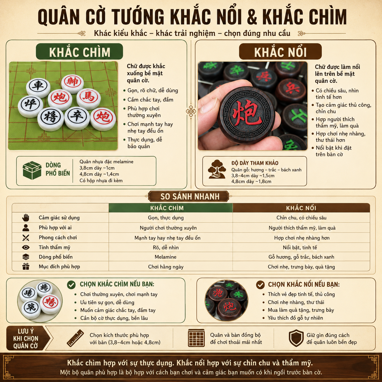 Quân cờ tướng khắc nổi và khắc chìm khác nhau thế nào?