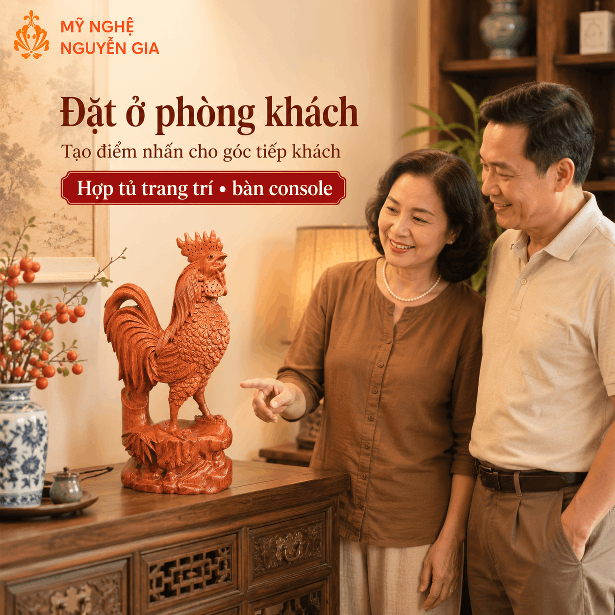 Tượng Gà phong thủy bằng gỗ