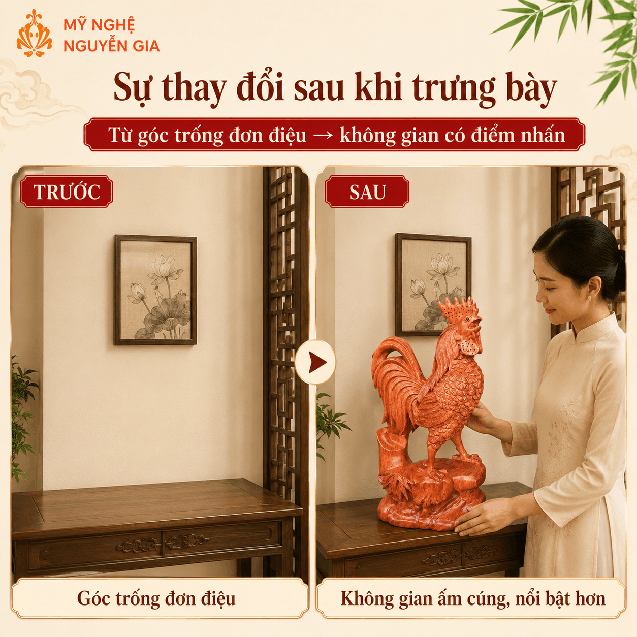 Tượng Gà phong thủy bằng gỗ