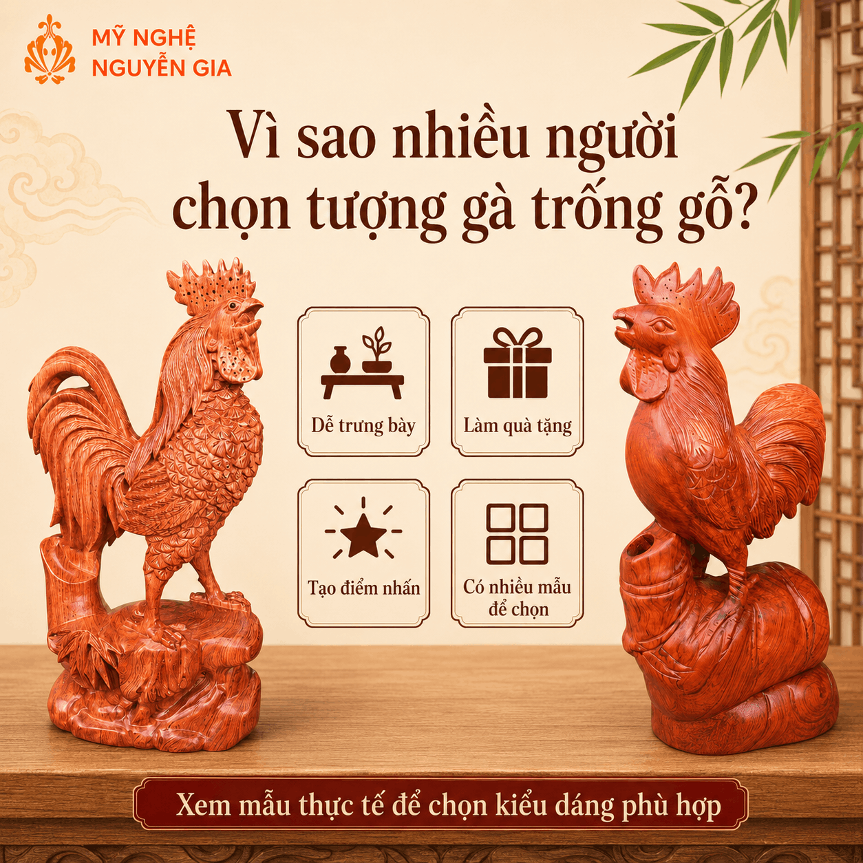 Tượng Gà phong thủy bằng gỗ