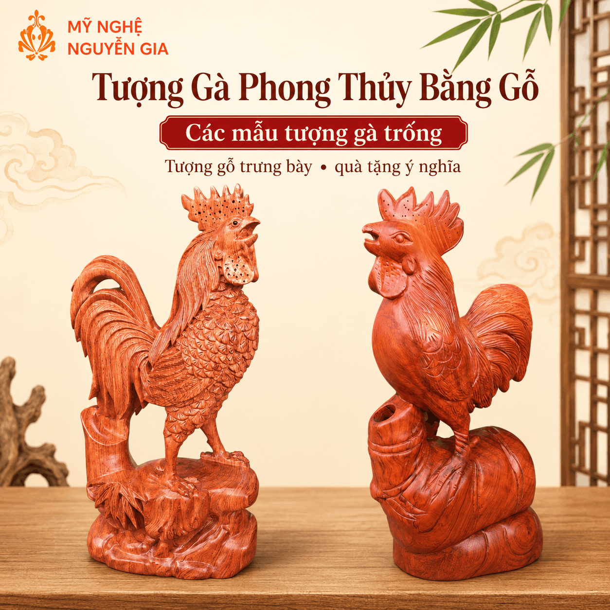 Tượng Gà phong thủy bằng gỗ