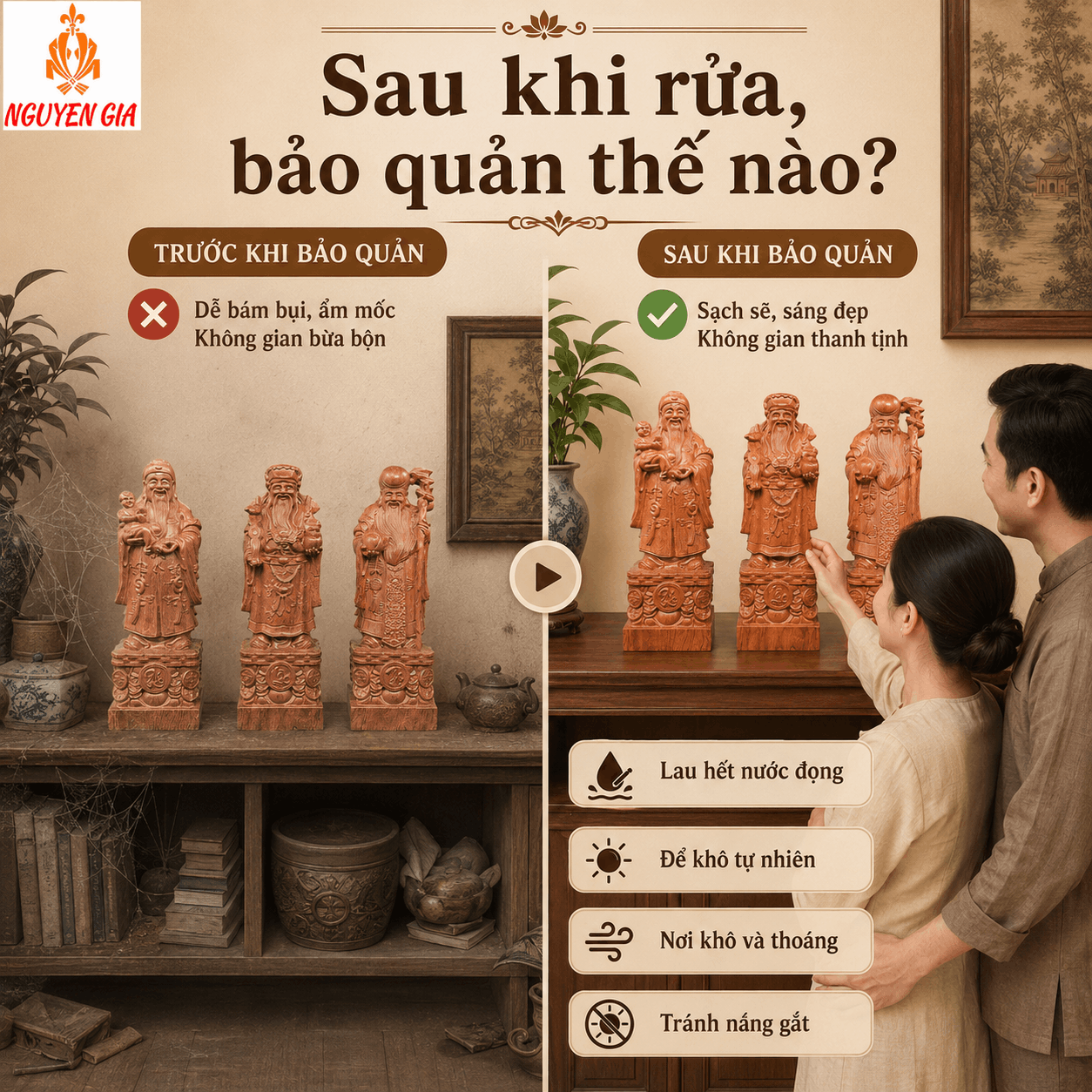 C&aacute;ch vệ sinh tượng gỗ v&agrave; bảo quản đồ gỗ mỹ nghệ đ&uacute;ng c&aacute;ch