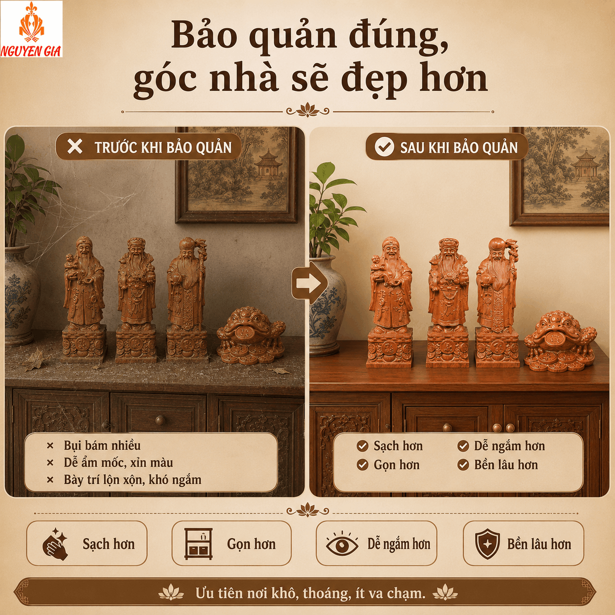 C&aacute;ch vệ sinh tượng gỗ v&agrave; bảo quản đồ gỗ mỹ nghệ đ&uacute;ng c&aacute;ch