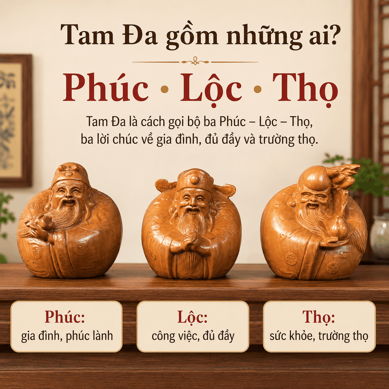 Ph&uacute;c Lộc Thọ l&agrave; g&igrave;? &Yacute; nghĩa tượng Tam Đa bằng gỗ