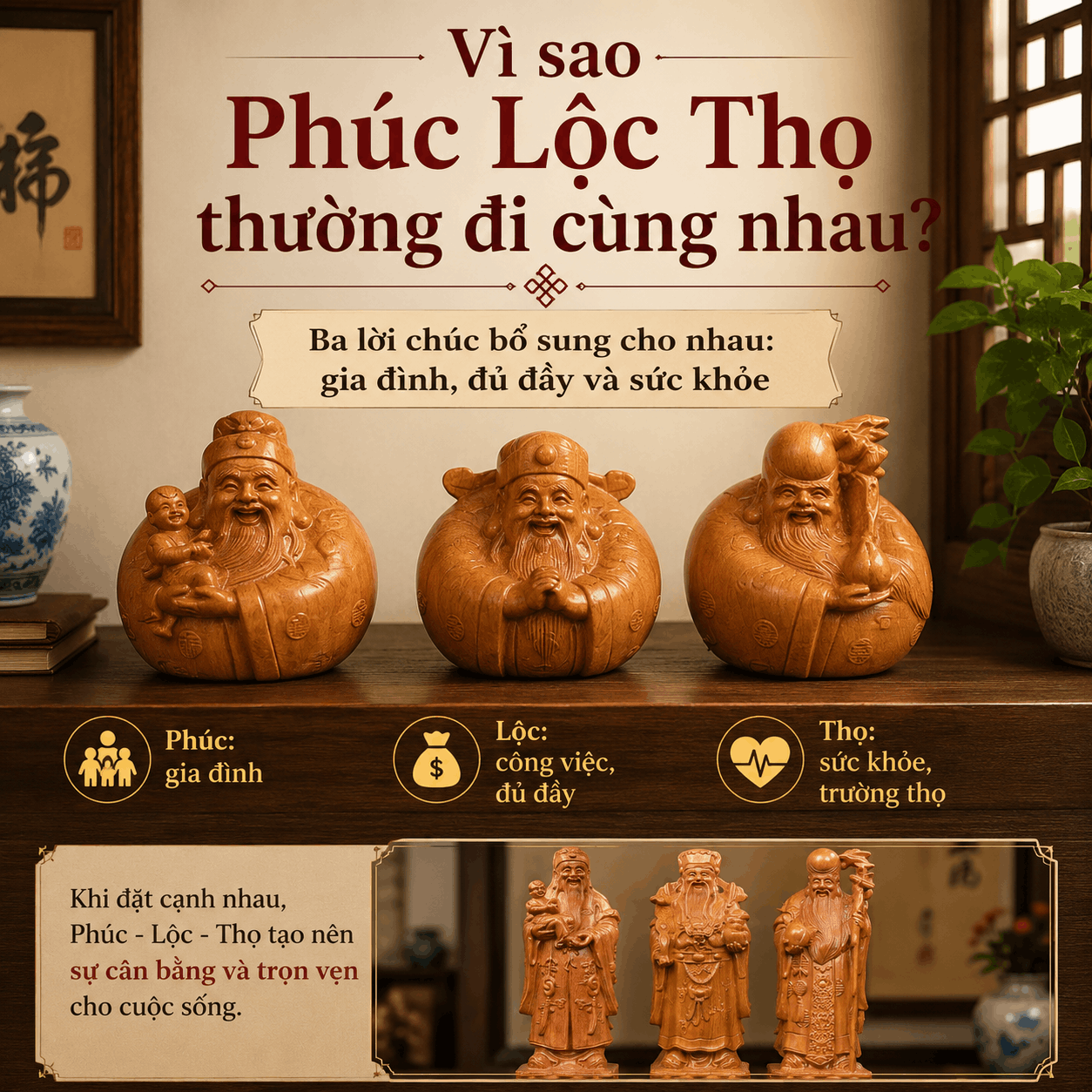 Ph&uacute;c Lộc Thọ l&agrave; g&igrave;? &Yacute; nghĩa tượng Tam Đa bằng gỗ