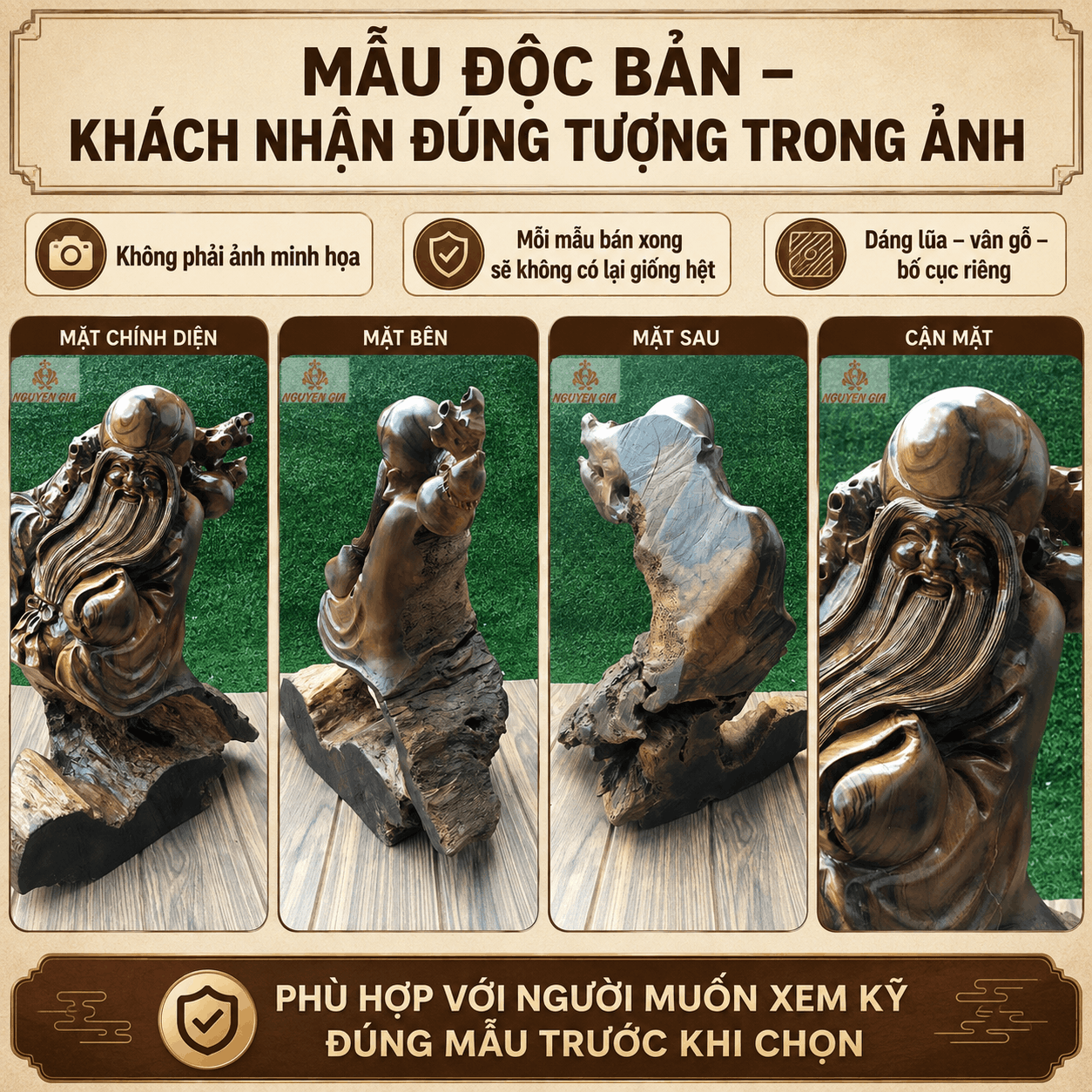 Tượng ông Thọ gỗ lũa Bách Xanh cao 45 cm