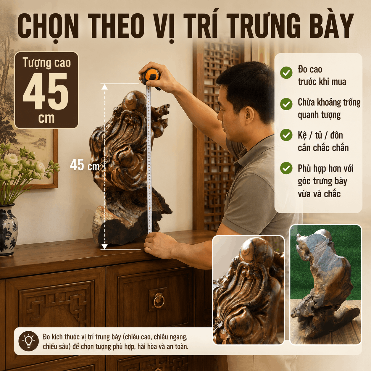 Tượng ông Thọ gỗ lũa Bách Xanh cao 45 cm