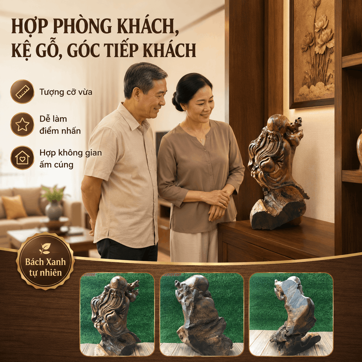 Tượng ông Thọ gỗ lũa Bách Xanh cao 45 cm