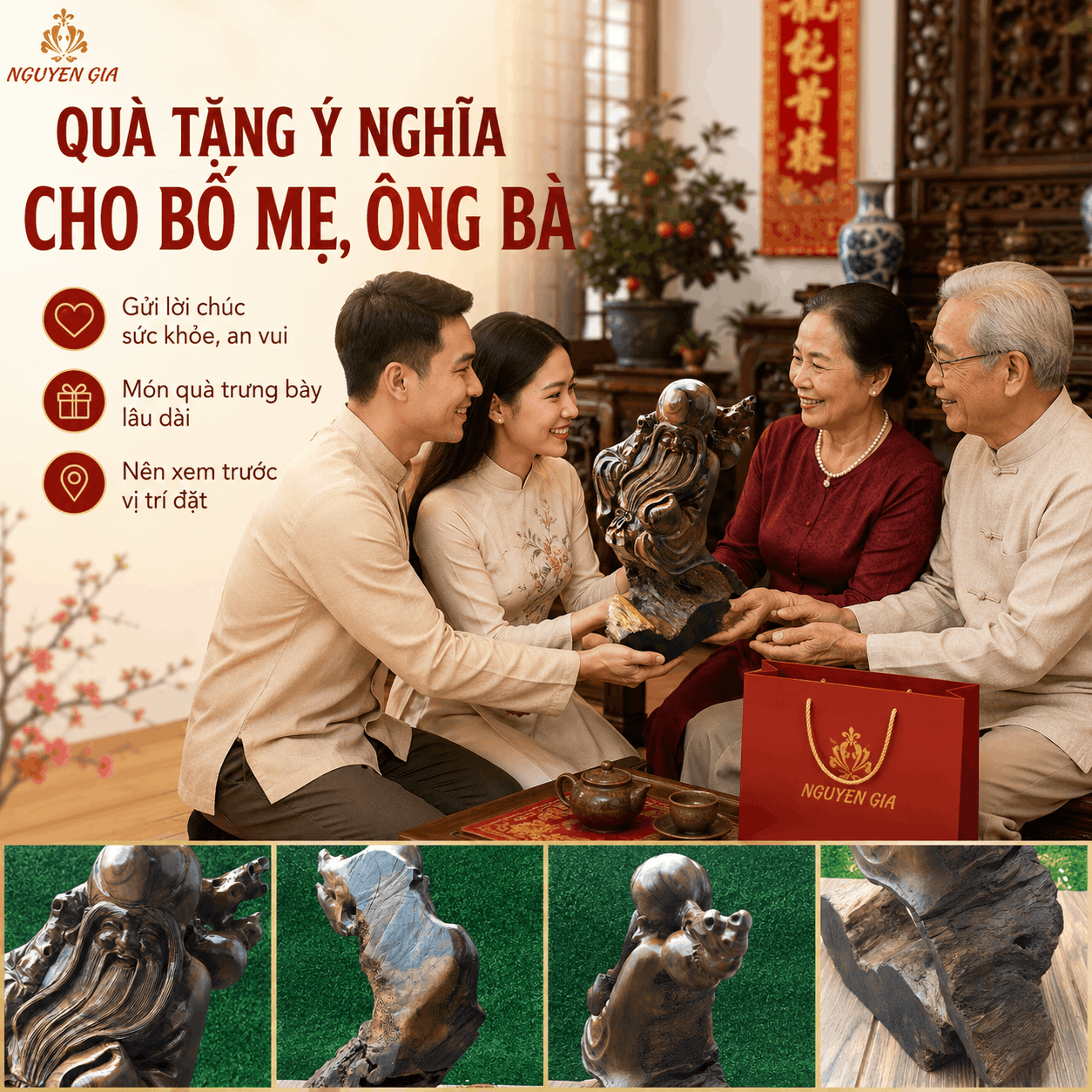 Tượng ông Thọ gỗ lũa Bách Xanh cao 45 cm