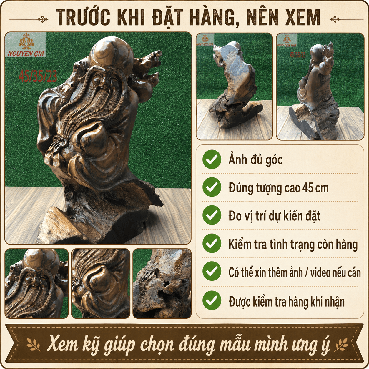 Tượng ông Thọ gỗ lũa Bách Xanh cao 45 cm