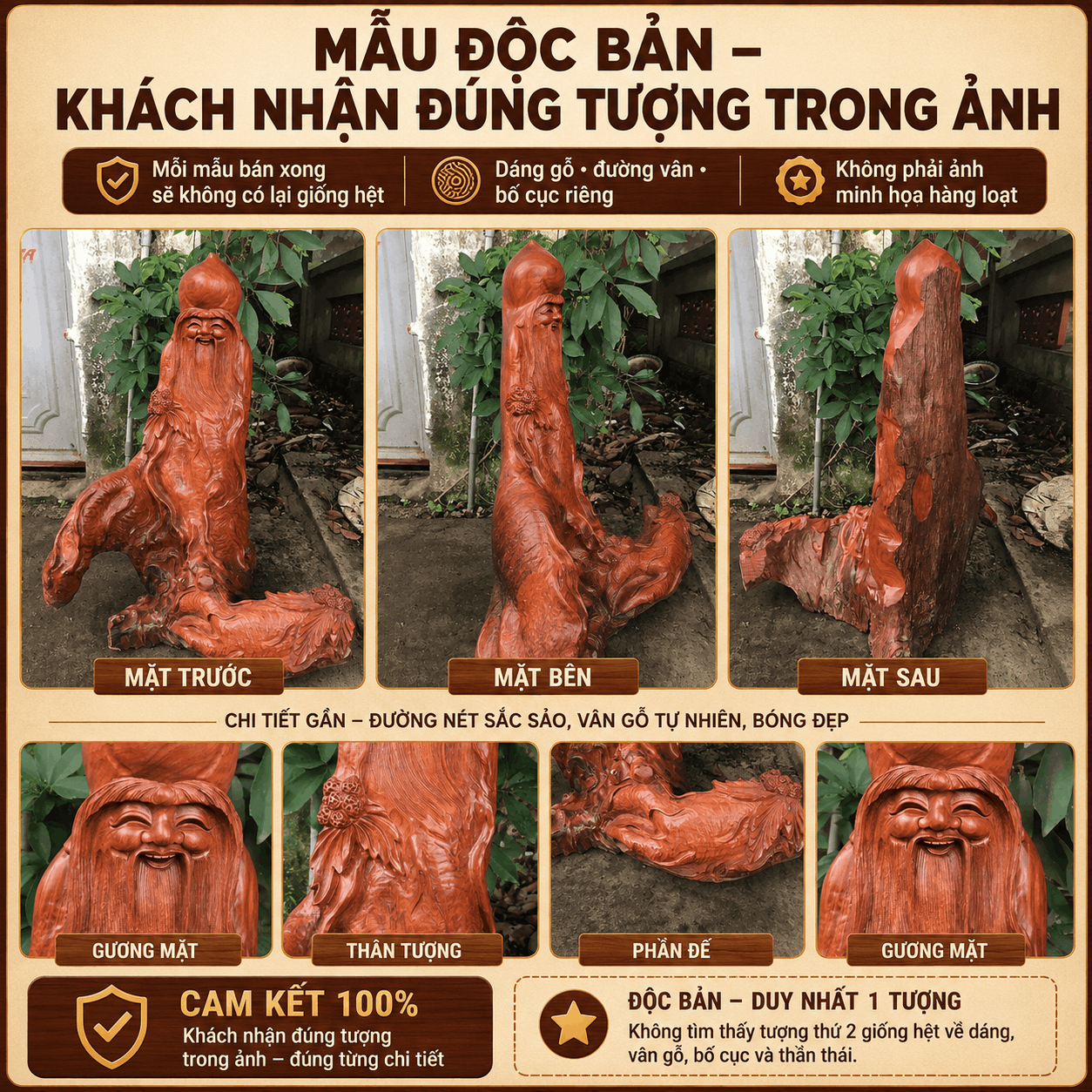 Tượng ông Thọ nhân sâm gỗ Hương 70 × 60 × 40 cm