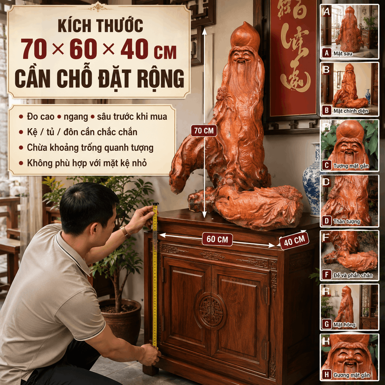 Tượng ông Thọ nhân sâm gỗ Hương 70 × 60 × 40 cm