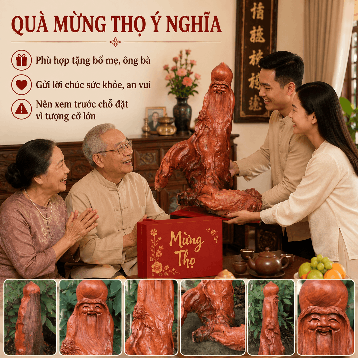 Tượng ông Thọ nhân sâm gỗ Hương 70 × 60 × 40 cm