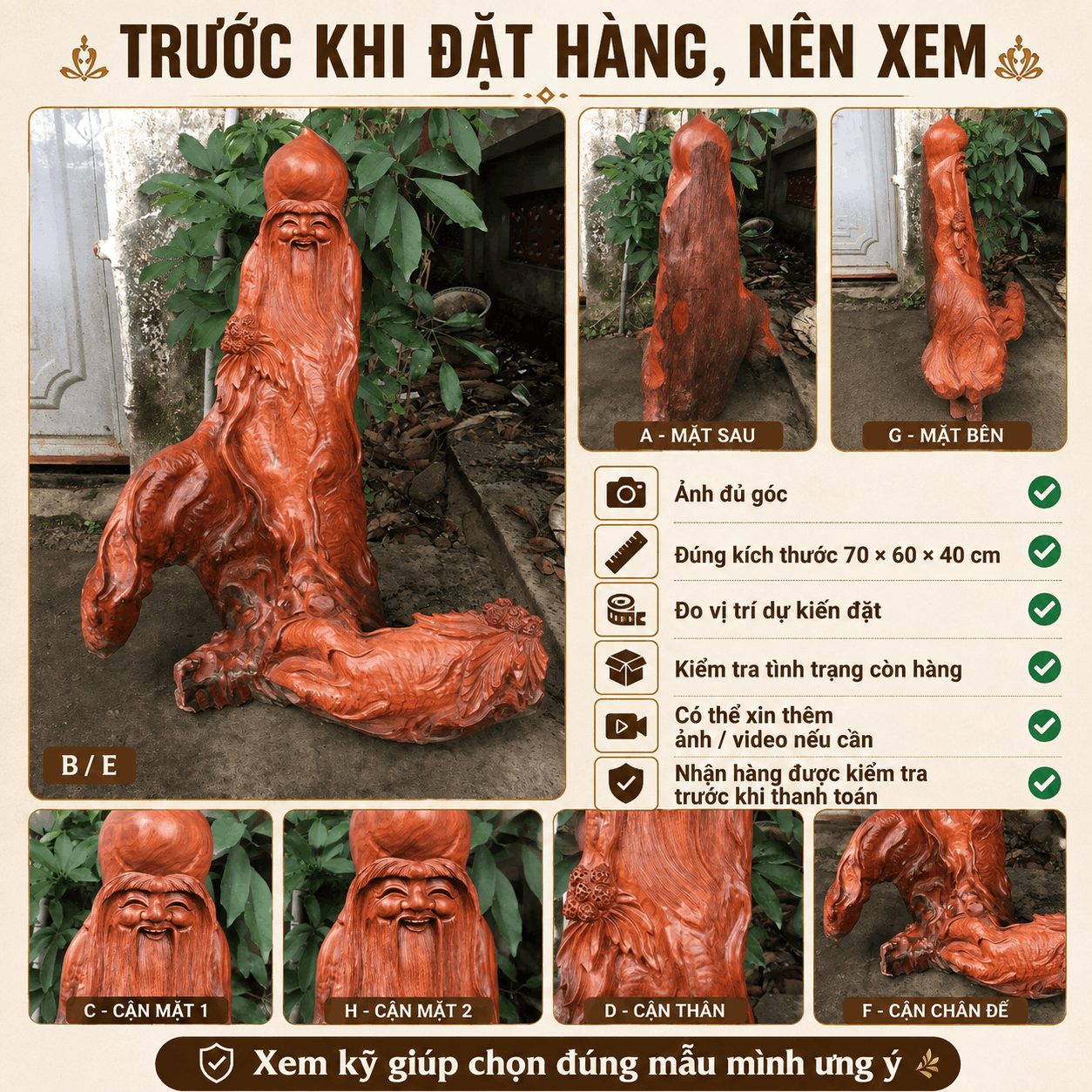 Tượng ông Thọ nhân sâm gỗ Hương 70 × 60 × 40 cm
