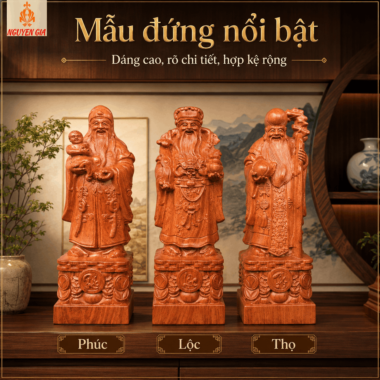 Tượng Phúc Lộc Thọ bằng gỗ