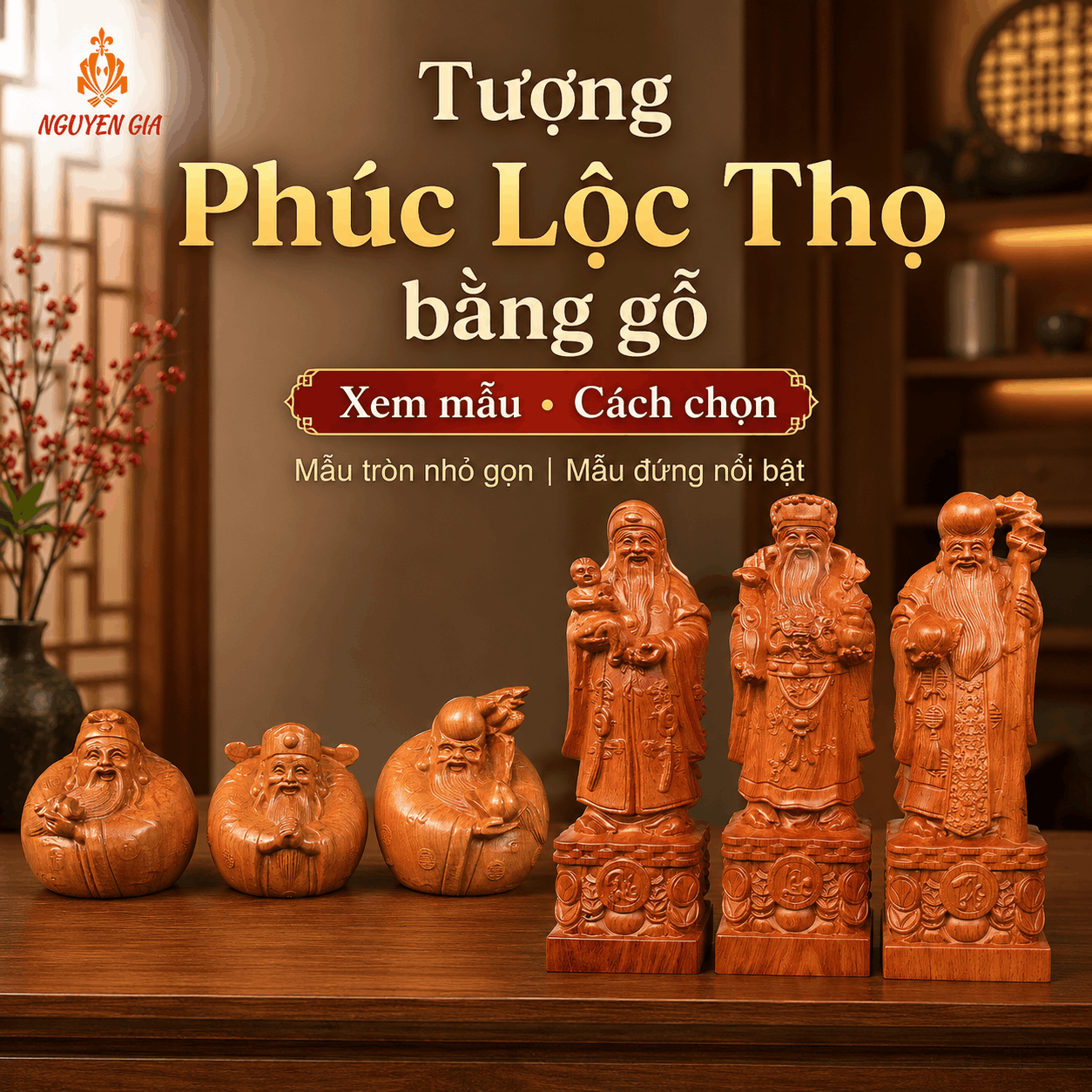 Tượng Phúc Lộc Thọ bằng gỗ
