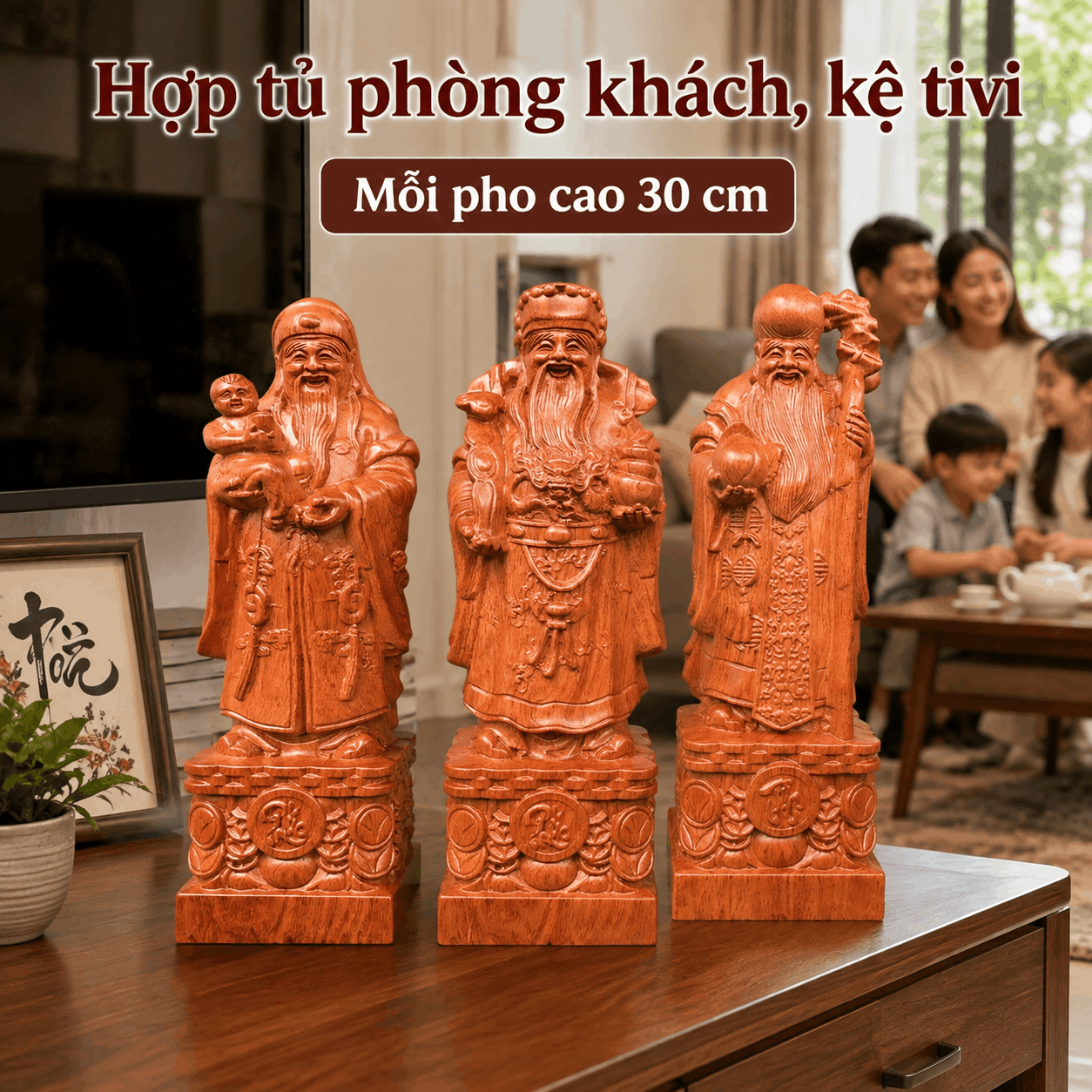 Tượng Phúc Lộc Thọ gỗ Hương cao 30 cm – Bộ 3 pho rời