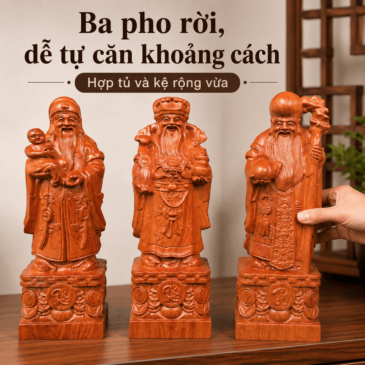 Tượng Phúc Lộc Thọ gỗ Hương cao 30 cm – Bộ 3 pho rời