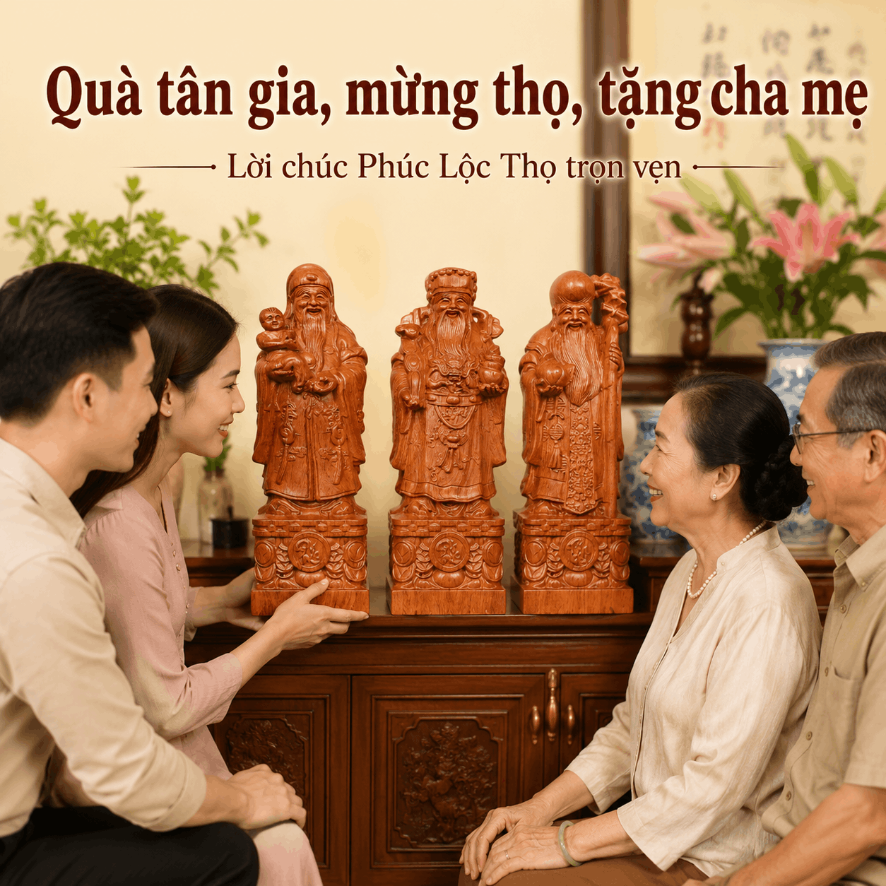 Tượng Phúc Lộc Thọ gỗ Hương cao 30 cm – Bộ 3 pho rời