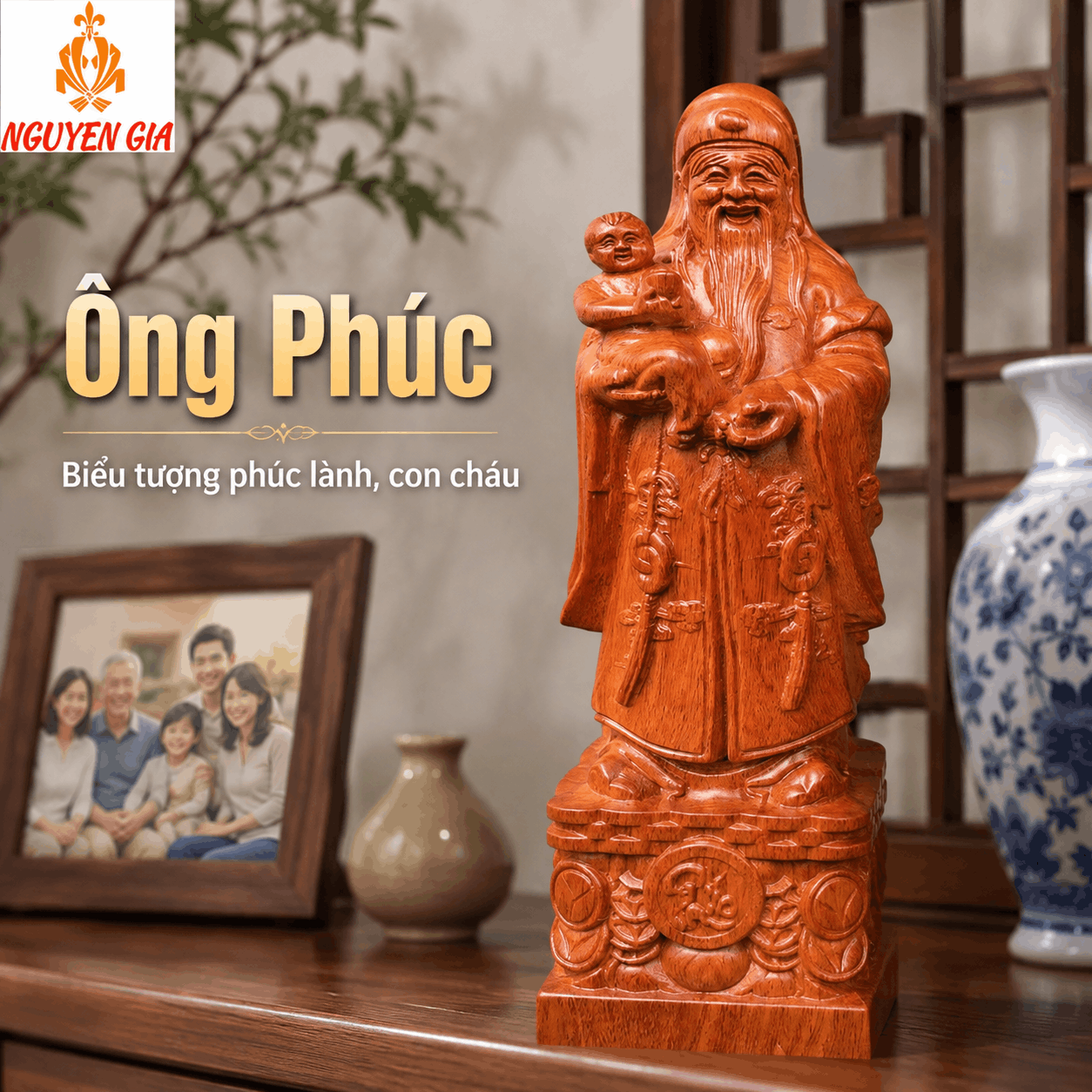 Tượng Phúc Lộc Thọ gỗ Hương cao 30 cm – Bộ 3 pho rời