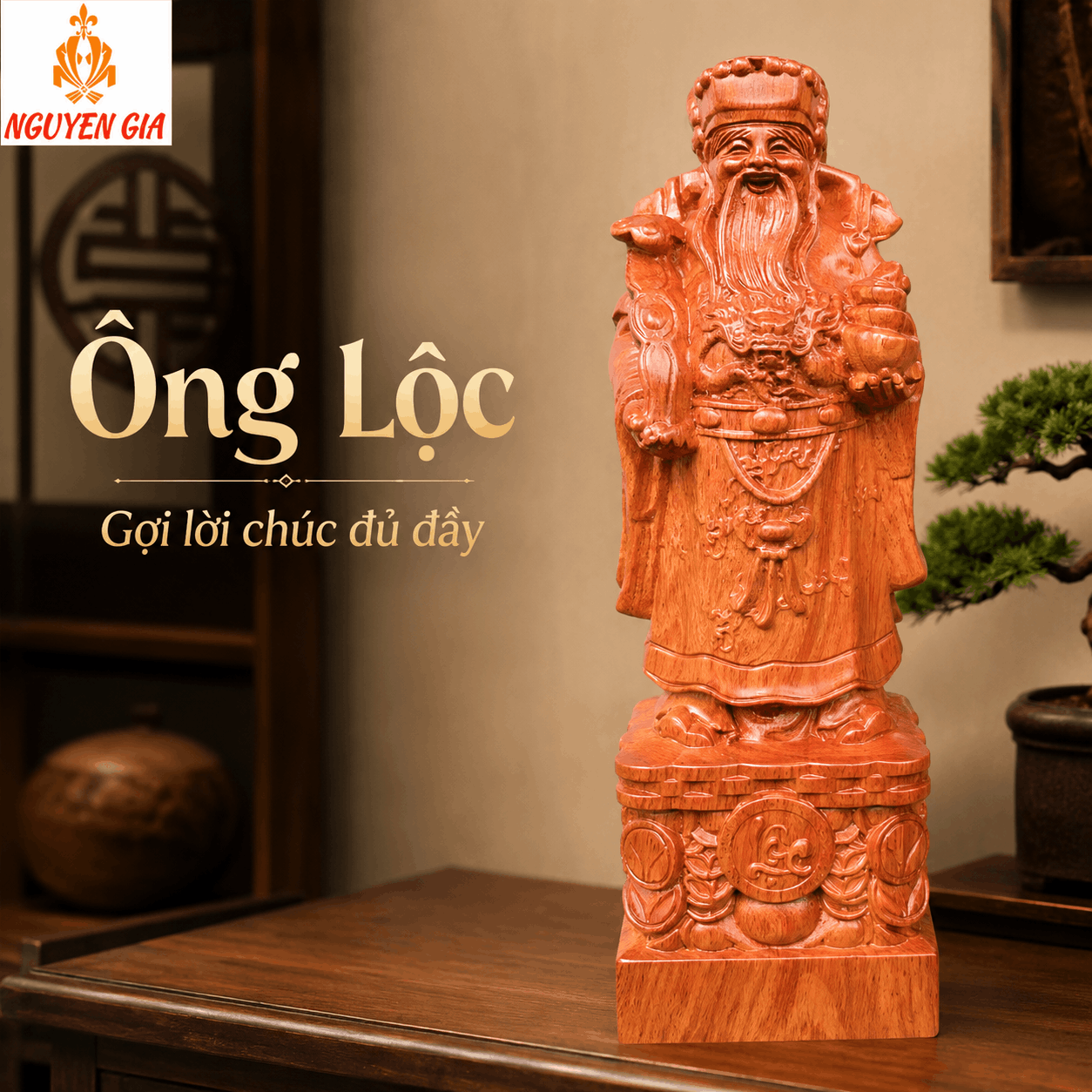 Tượng Phúc Lộc Thọ gỗ Hương cao 30 cm – Bộ 3 pho rời