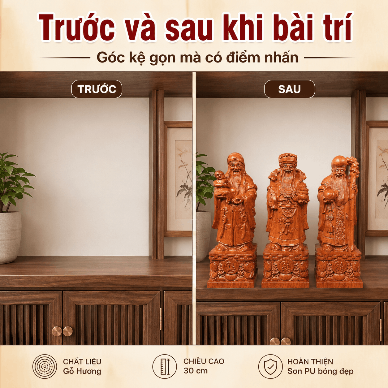 Tượng Phúc Lộc Thọ gỗ Hương cao 30 cm – Bộ 3 pho rời