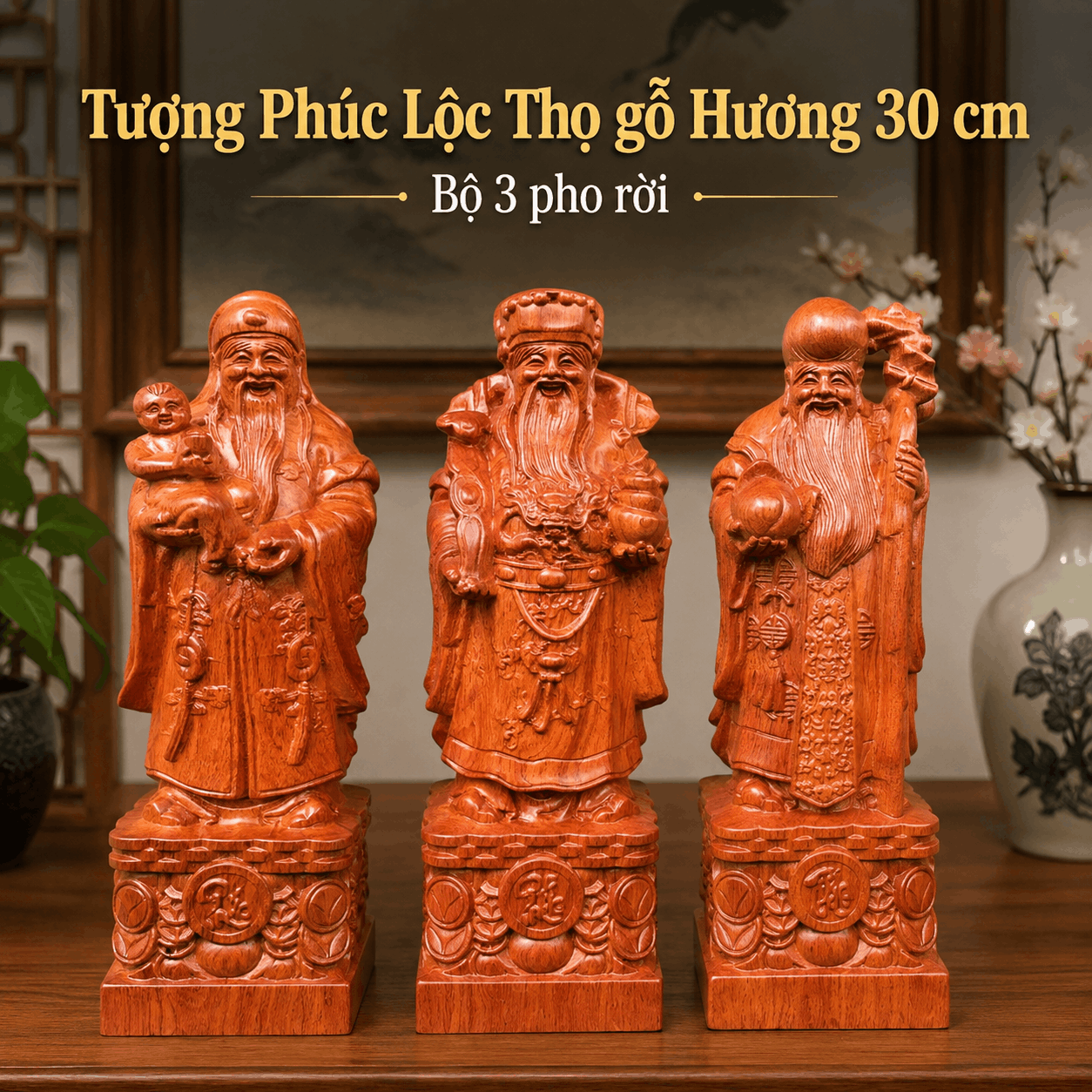 Tượng Phúc Lộc Thọ gỗ Hương cao 30 cm – Bộ 3 pho rời