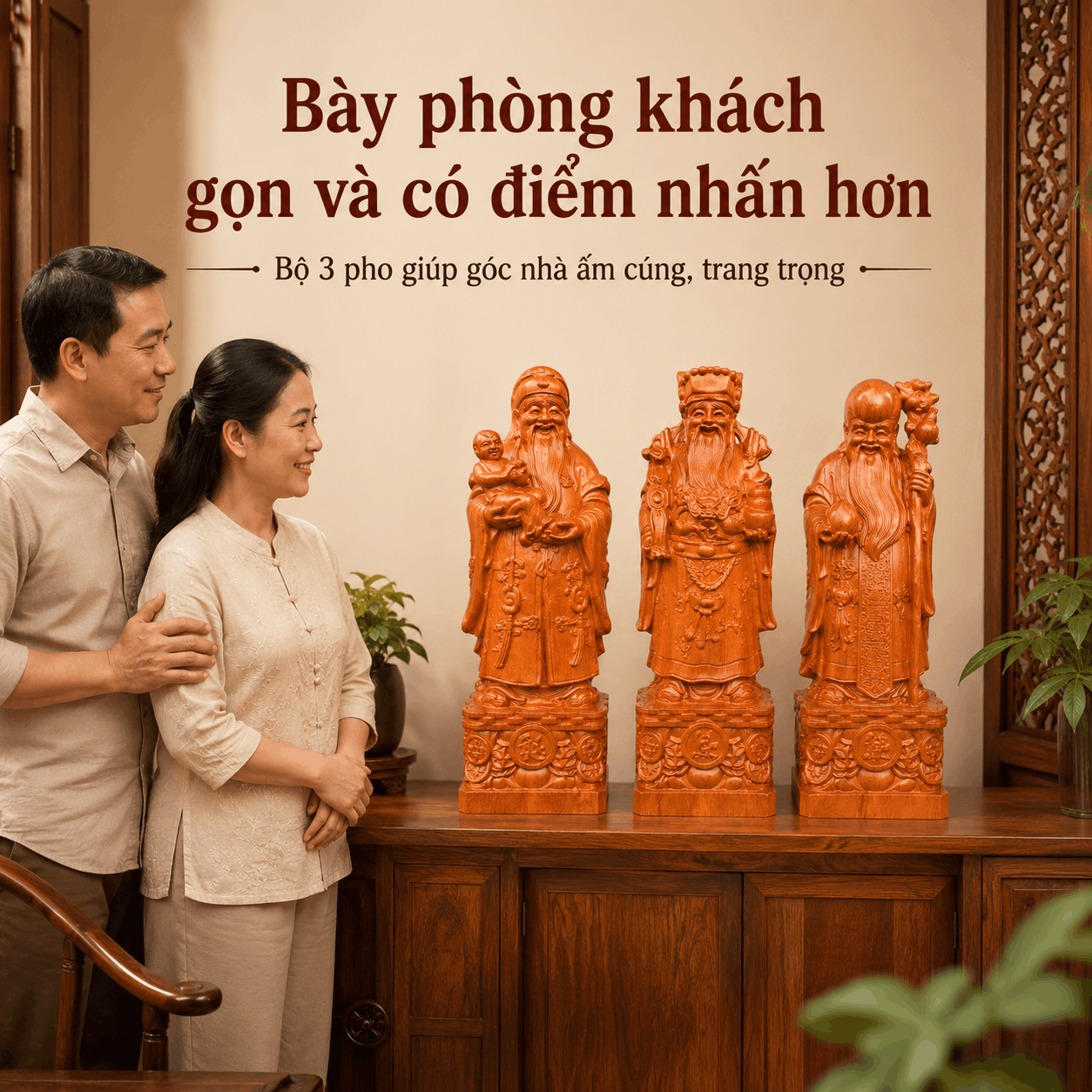 Tượng Phúc Lộc Thọ gỗ Hương cao 40 cm – Bộ 3 pho rời