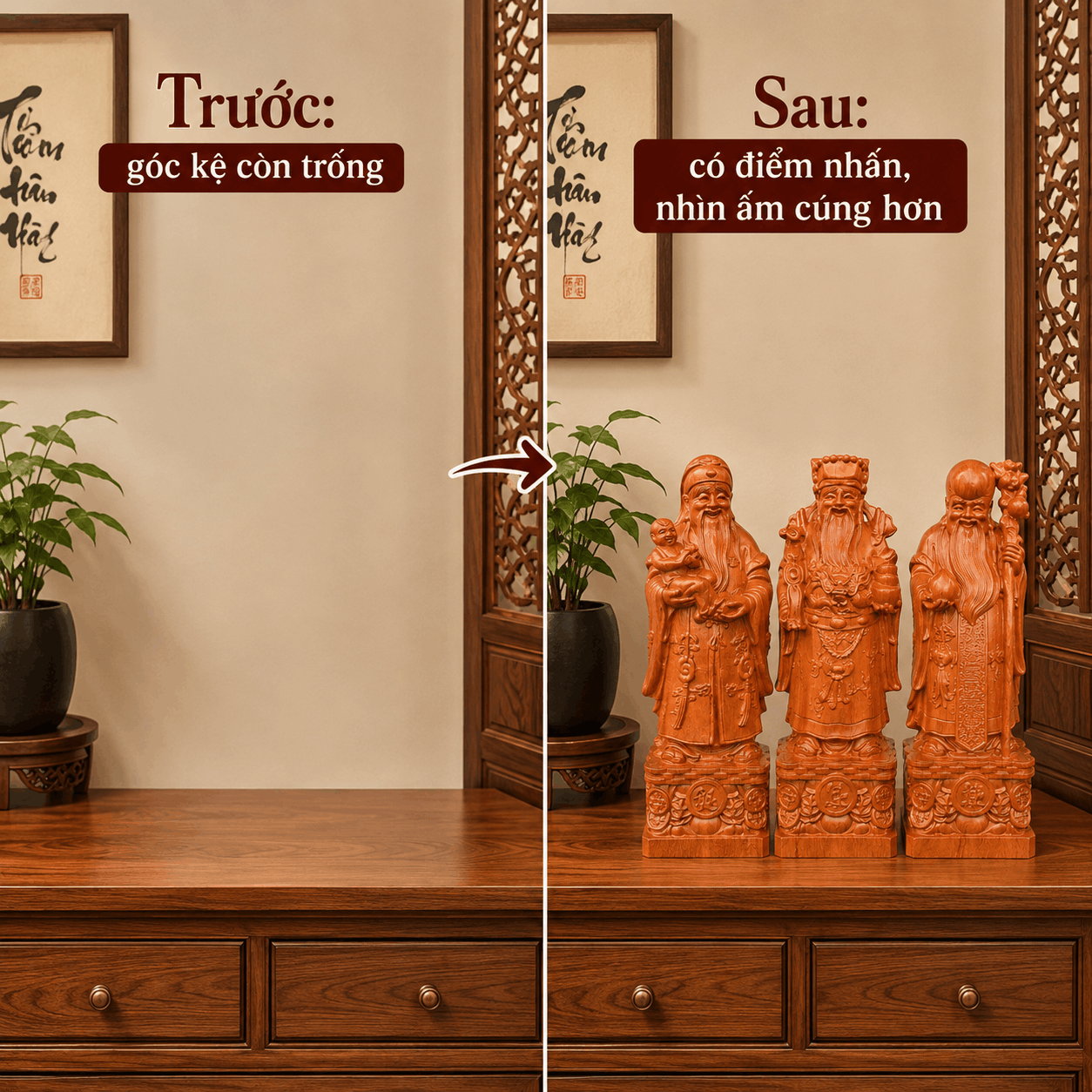 Tượng Phúc Lộc Thọ gỗ Hương cao 40 cm – Bộ 3 pho rời
