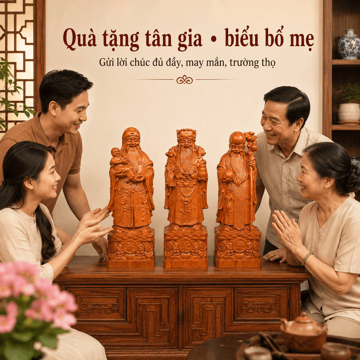 Tượng Phúc Lộc Thọ gỗ Hương cao 40 cm – Bộ 3 pho rời