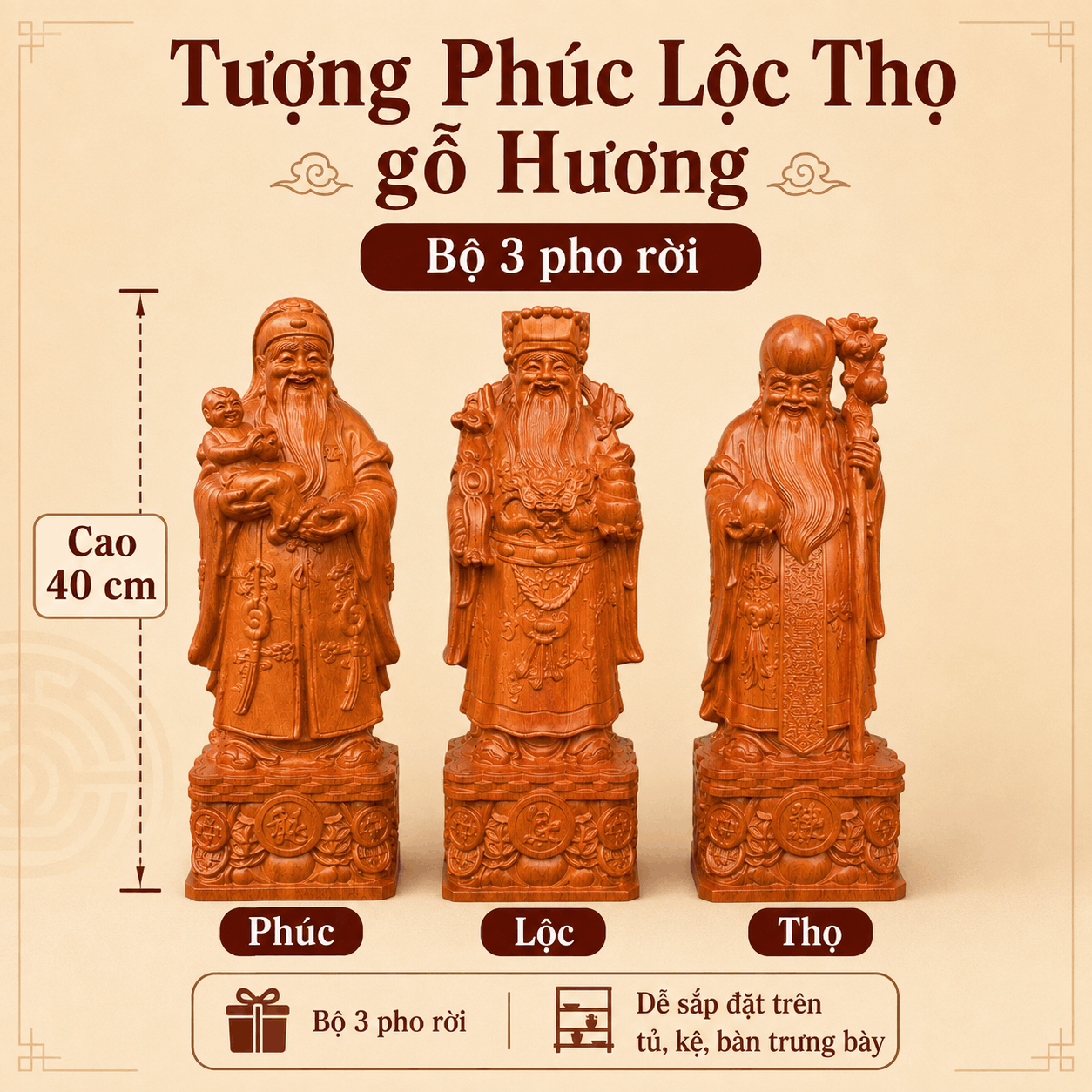 Tượng Phúc Lộc Thọ gỗ Hương cao 40 cm – Bộ 3 pho rời
