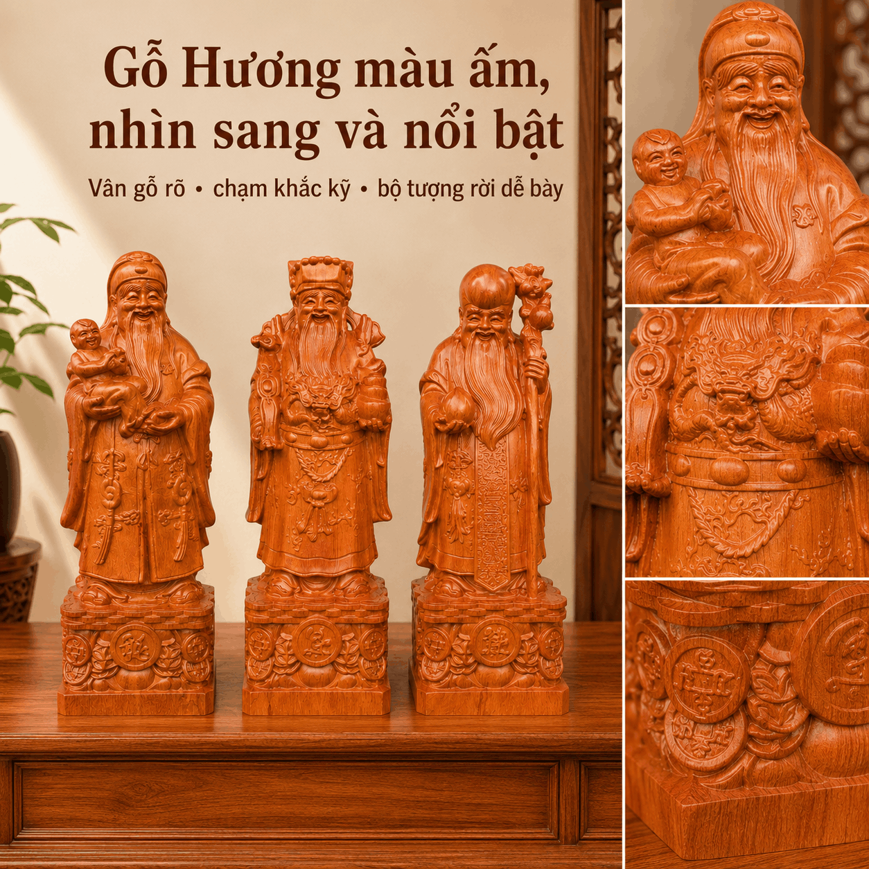 Tượng Phúc Lộc Thọ gỗ Hương cao 40 cm – Bộ 3 pho rời