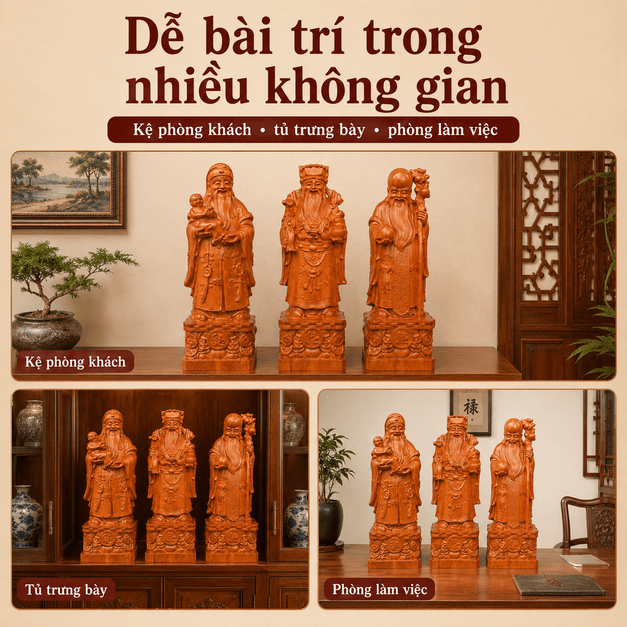 Tượng Phúc Lộc Thọ gỗ Hương cao 40 cm – Bộ 3 pho rời