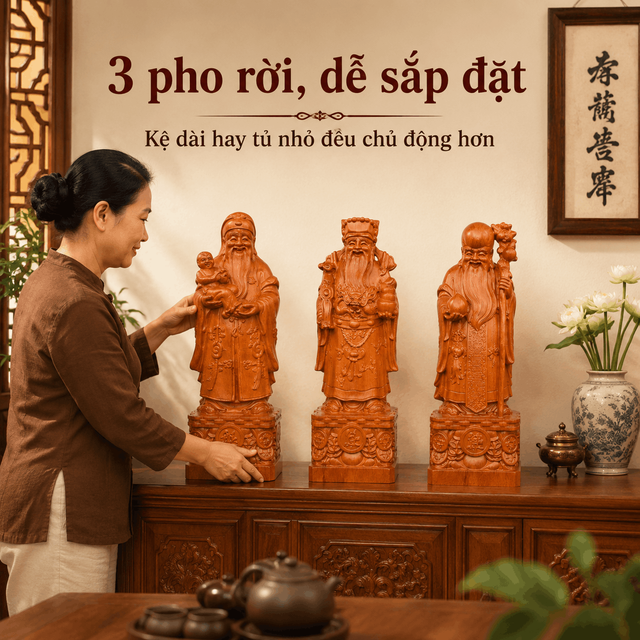 Tượng Phúc Lộc Thọ gỗ Hương cao 40 cm – Bộ 3 pho rời