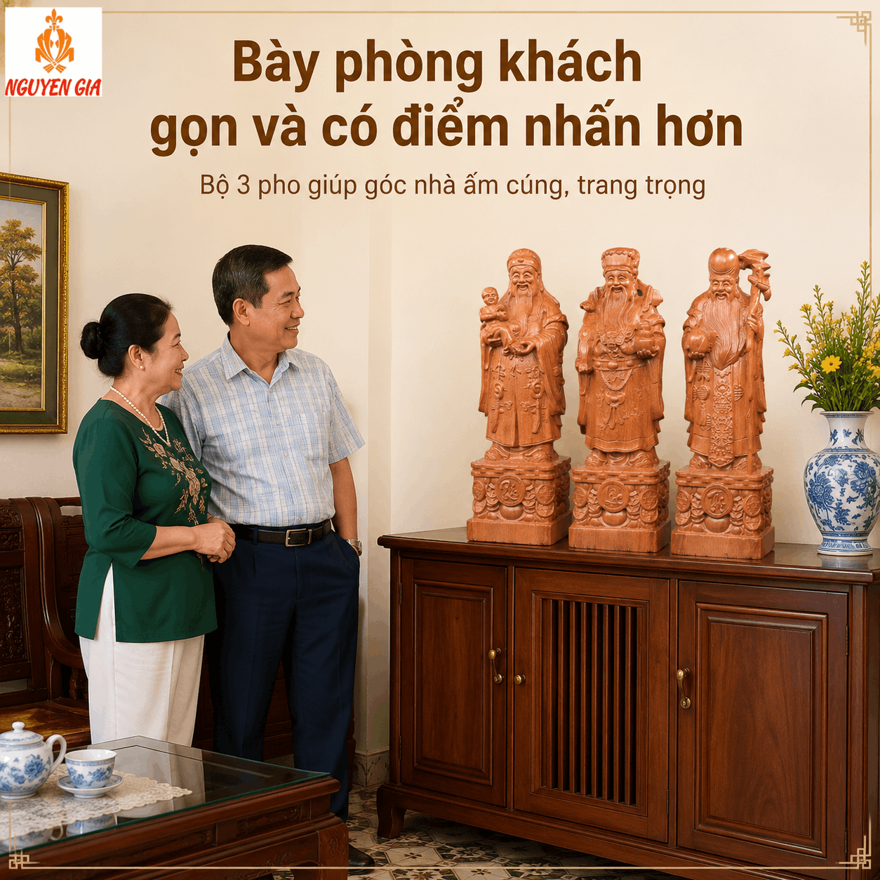 Tượng Phúc Lộc Thọ gỗ Hương cao 50 cm – Bộ 3 pho rời
