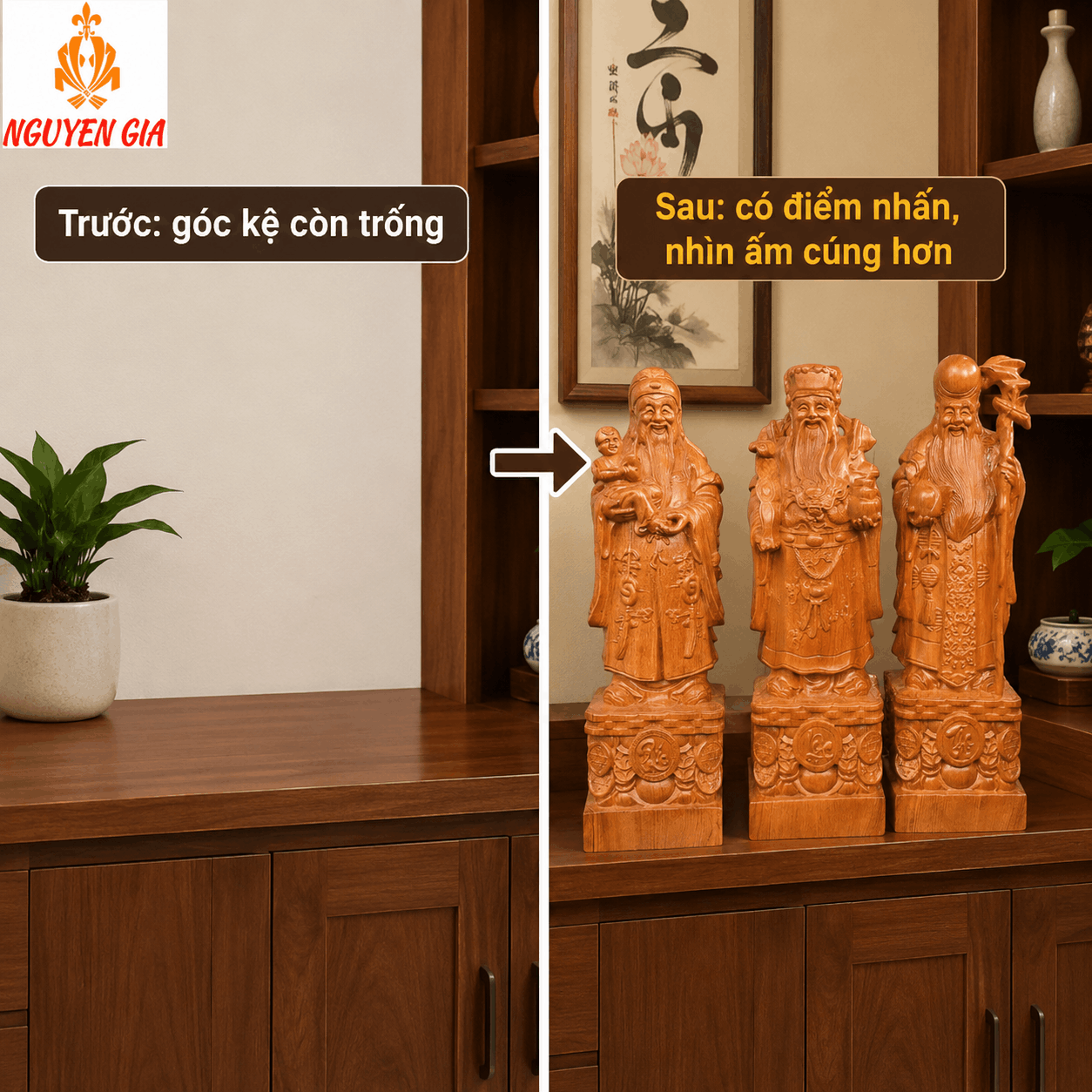 Tượng Phúc Lộc Thọ gỗ Hương cao 50 cm – Bộ 3 pho rời