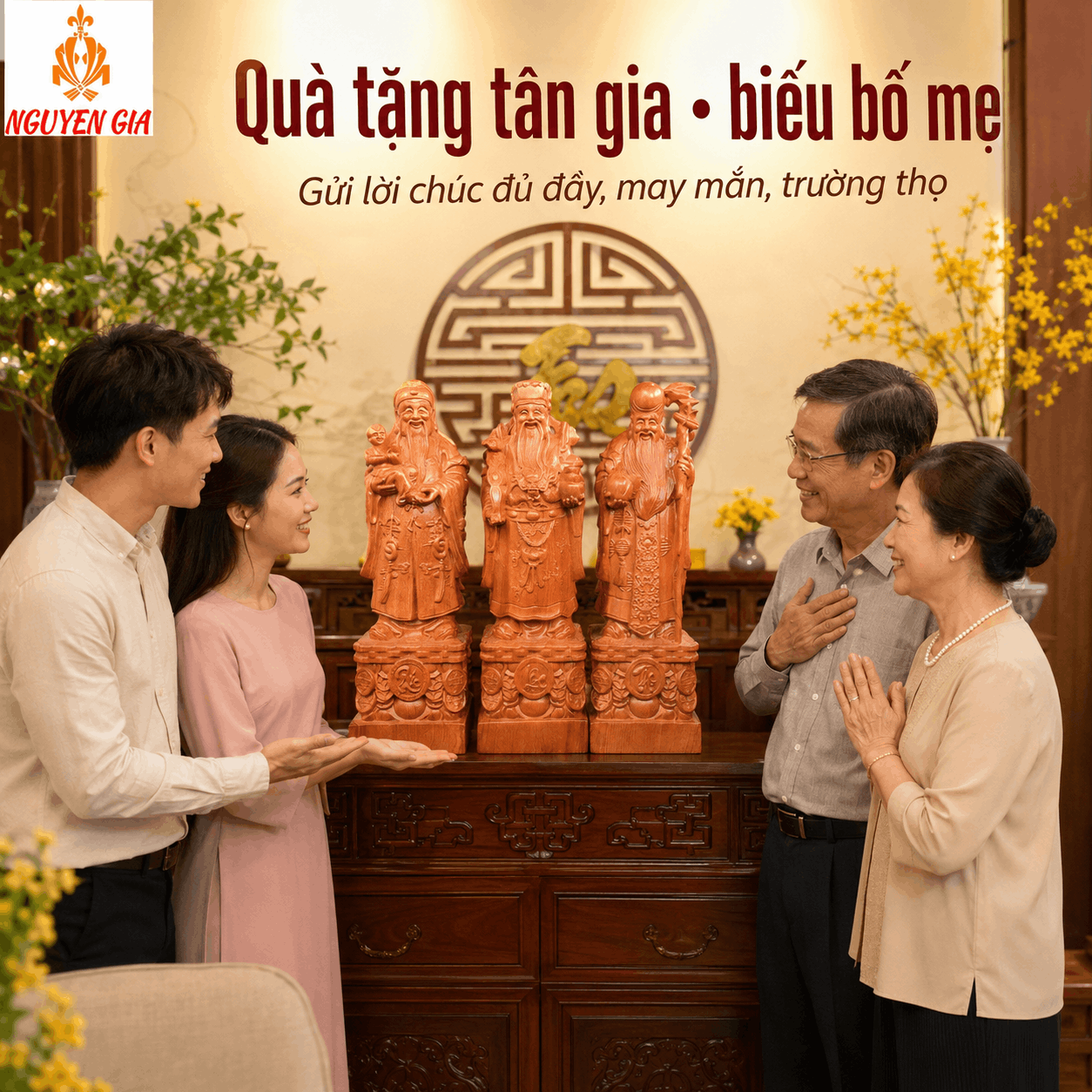 Tượng Phúc Lộc Thọ gỗ Hương cao 50 cm – Bộ 3 pho rời