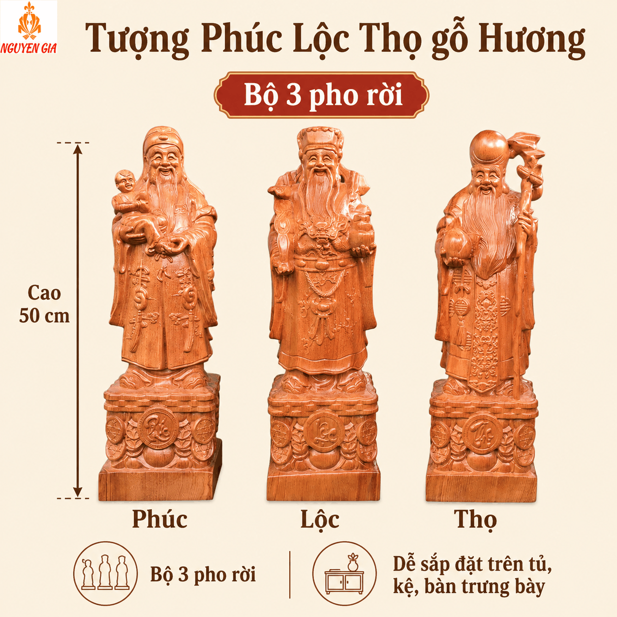 Tượng Phúc Lộc Thọ gỗ Hương cao 50 cm – Bộ 3 pho rời