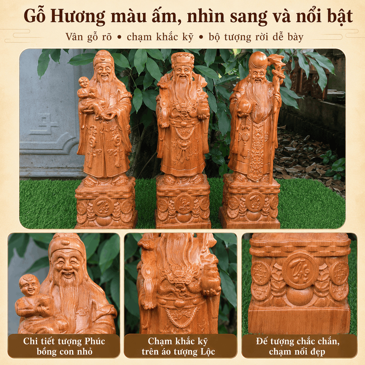 Tượng Phúc Lộc Thọ gỗ Hương cao 50 cm – Bộ 3 pho rời