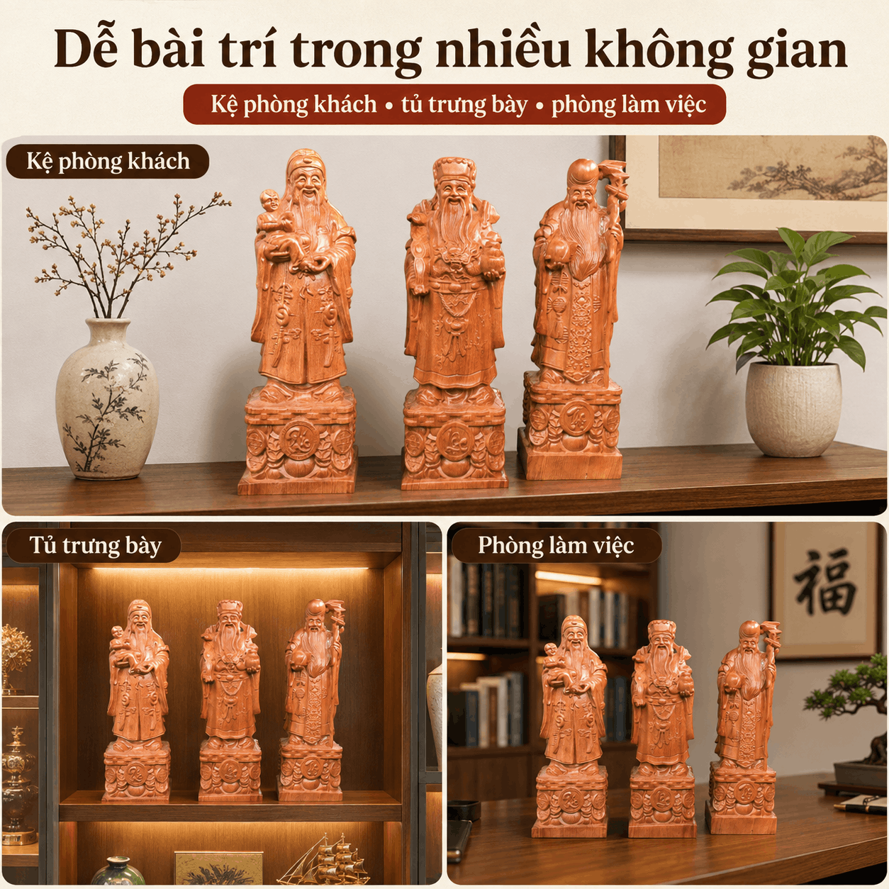Tượng Phúc Lộc Thọ gỗ Hương cao 50 cm – Bộ 3 pho rời