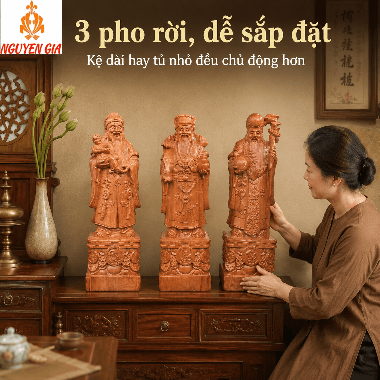 Tượng Phúc Lộc Thọ gỗ Hương cao 50 cm – Bộ 3 pho rời