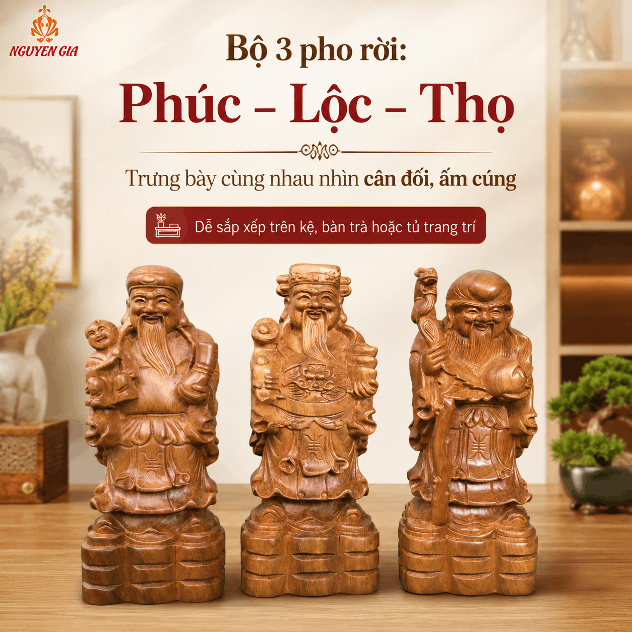 Tượng Tam Đa gỗ Bách Xanh cao 15 cm – Bộ 3 pho rời