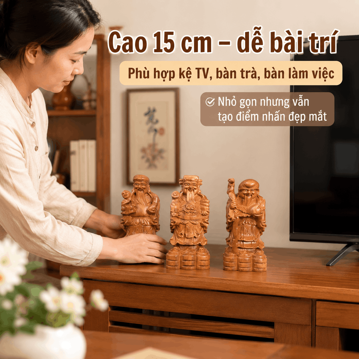 Tượng Tam Đa gỗ Bách Xanh cao 15 cm – Bộ 3 pho rời