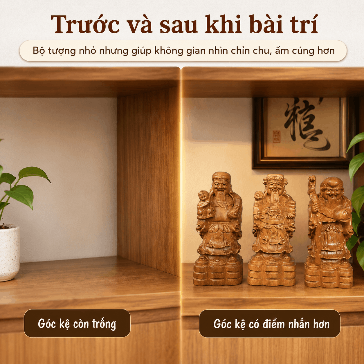 Tượng Tam Đa gỗ Bách Xanh cao 15 cm – Bộ 3 pho rời