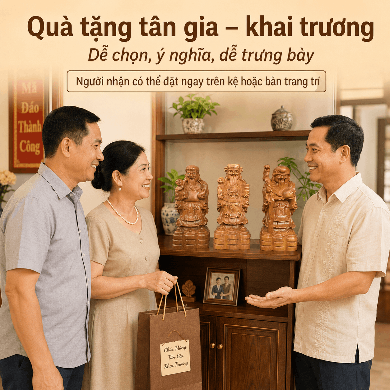 Tượng Tam Đa gỗ Bách Xanh cao 15 cm – Bộ 3 pho rời