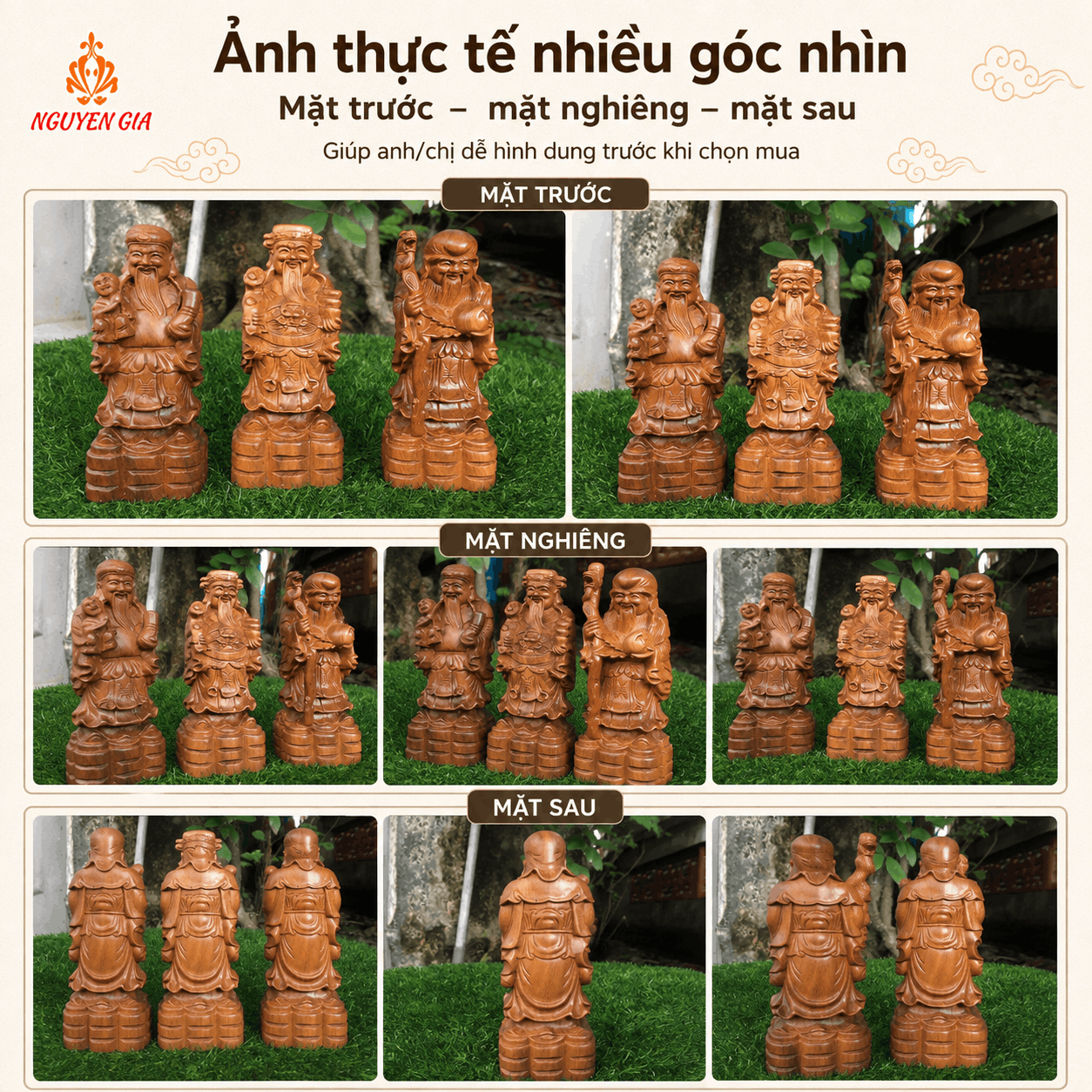 Tượng Tam Đa gỗ Bách Xanh cao 15 cm – Bộ 3 pho rời
