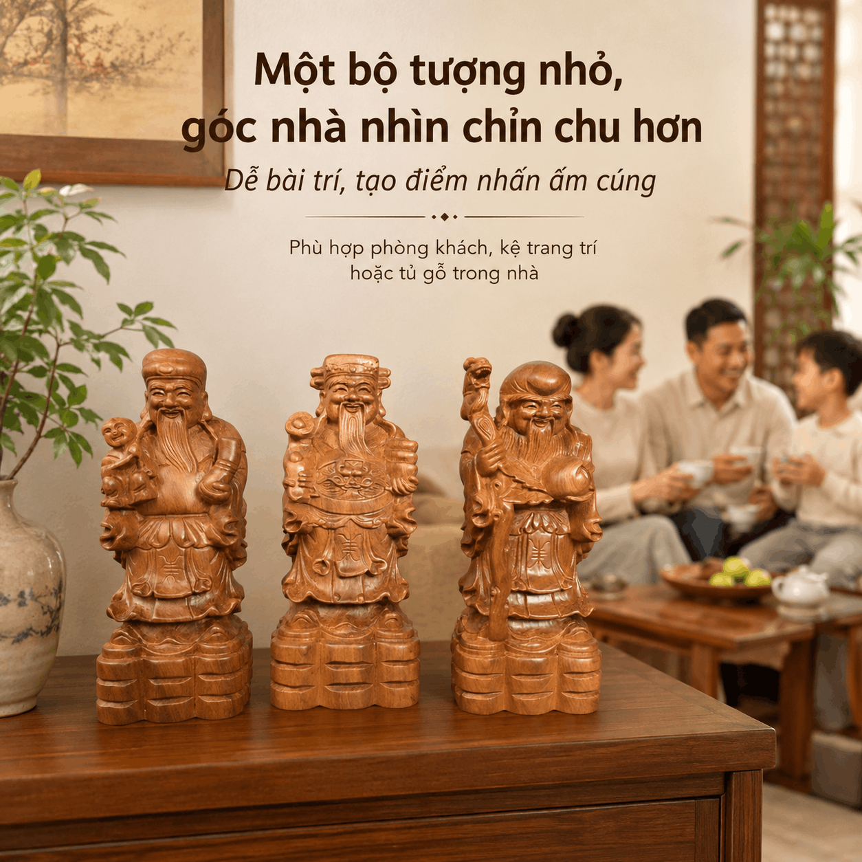 Tượng Tam Đa gỗ Bách Xanh cao 15 cm – Bộ 3 pho rời