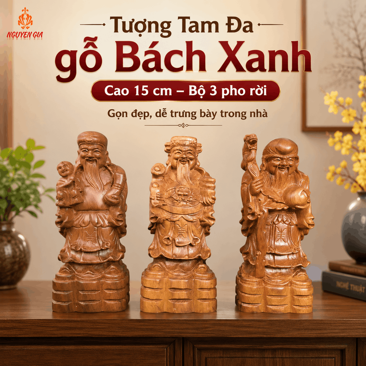 Tượng Tam Đa gỗ Bách Xanh cao 15 cm – Bộ 3 pho rời